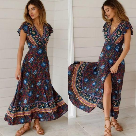 Dresses & Skirts - Navy Boho Floral Gypsy Print Maxi Wrap Dress